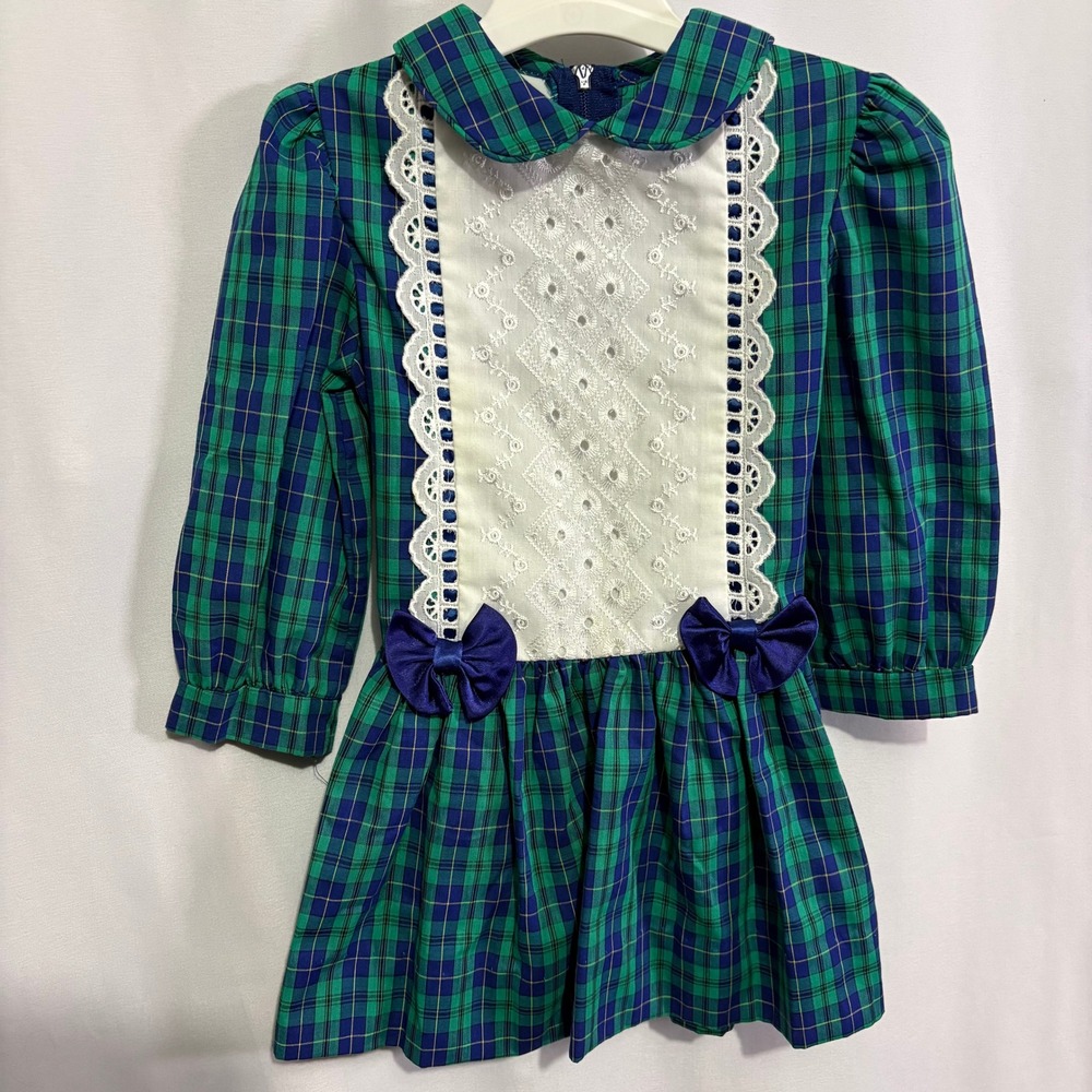 Vintage Rare Editions Girls 2T Plaid Dress Green Blue Union Made 80s 90s Holiday